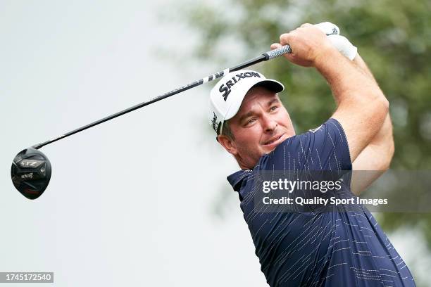 Ryan Fox of New Zeland tees off on the 15th hole during Day One of the Estrella Damm N.A. Andalucía Masters at Real Club de Golf Sotogrande on...