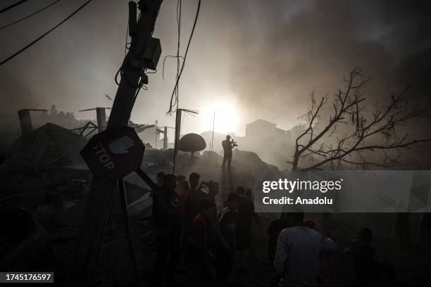 Buildings are destroyed after Israeli attacks as the Israeli airstrikes and artillery fires continue on the 19th day in Gaza City, Gaza on October...