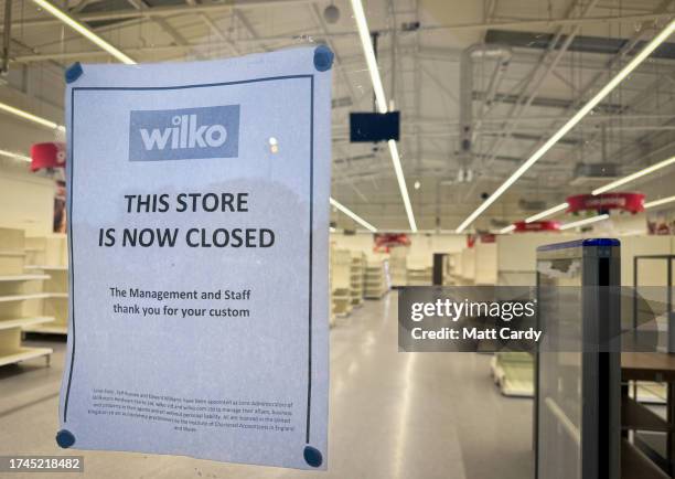 Sign is left in the window of a empty branch of Wilko on October 18, 2023 in Bristol, England. In early August, the High Street stalwart, well-known...