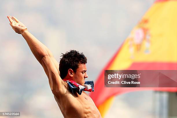 Tom Daley of Great Britain competes in the Men's 10m Platform Diving preliminary round on day eight of the 15th FINA World Championships at Piscina...