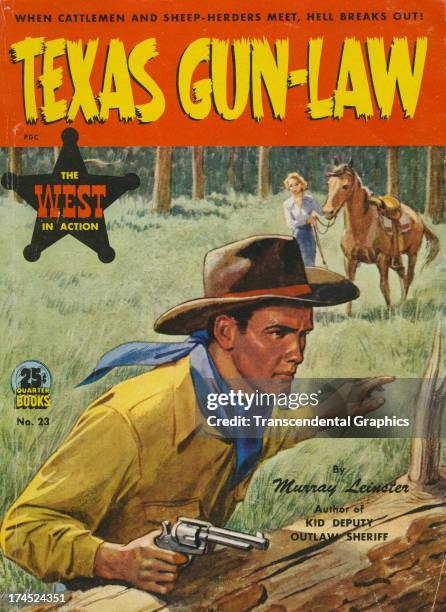 The paperback novel "Texas Gun Law" employs a western scene on the cover, printed around 1950 in New York City.