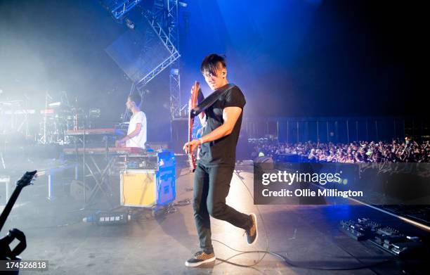 Josh Friend and Nick Tsang of Modestep perform on stage on Day 1 of Global Gathering 2013 on July 26, 2013 in Stratford-upon-Avon, England.