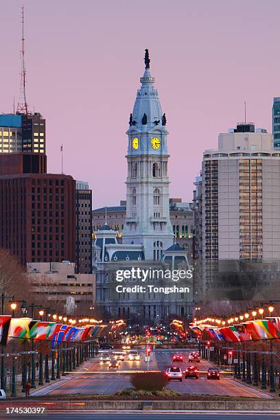 philadelphia city hall at dusk - william penn stock pictures, royalty-free photos & images