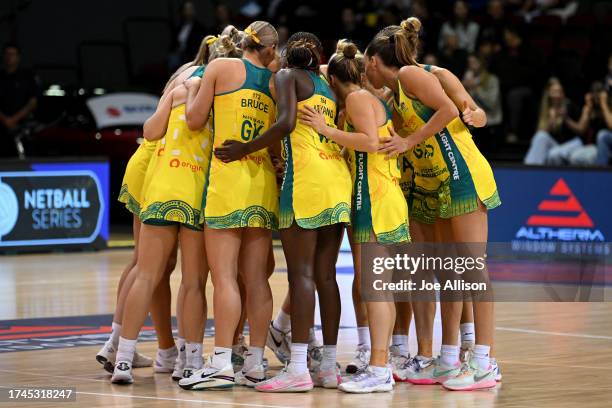 Australia forms a huddle during game three of the Constellation Cup series between New Zealand Silver Ferns and Australia Diamonds at ILT Stadium...