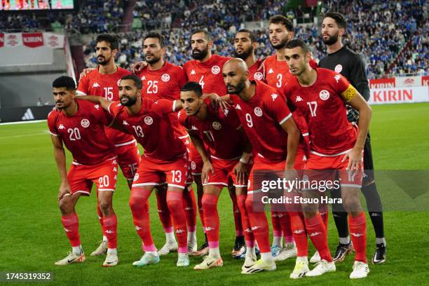 Players of Tunisia line up for the team photos prior to the international friendly match between Japan and Tunisia at Noevir Stadium Kobeon October...