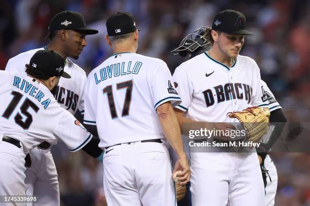 Brandon Pfaadt of the Arizona Diamondbacks walks back to the dugout after being relieved against the Philadelphia Phillies during the sixth inning in...