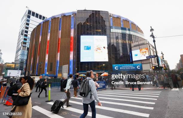 Fans arrive for the game between the New York Rangers and the Nashville Predators at Madison Square Garden on October 19, 2023 in New York City.