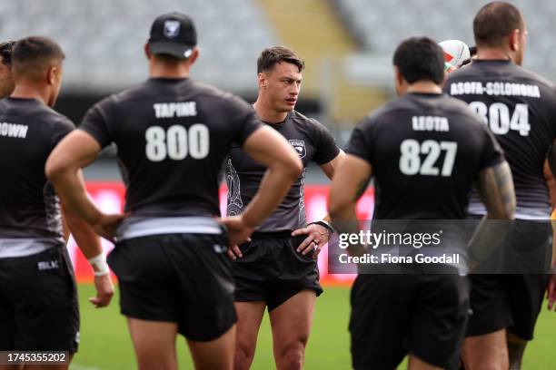 Charnze Nicholl-Klokstad of the Kiwis warms up during a New Zealand Kiwis league training session at The Trusts Arena on October 16, 2023 in...