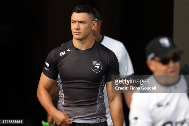 Joseph Manu of the Kiwis arrives during a New Zealand Kiwis league training session at The Trusts Arena on October 16, 2023 in Auckland, New Zealand.