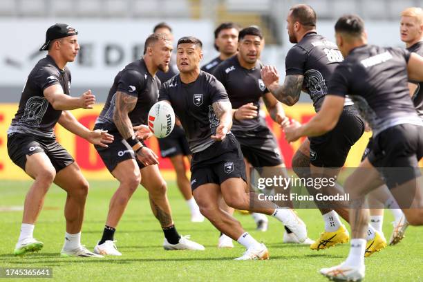 Fa’amanu Brown of the Kiwis passes during a New Zealand Kiwis league training session at The Trusts Arena on October 16, 2023 in Auckland, New...