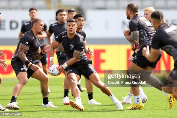 Fa’amanu Brown of the Kiwis passes during a New Zealand Kiwis league training session at The Trusts Arena on October 16, 2023 in Auckland, New...