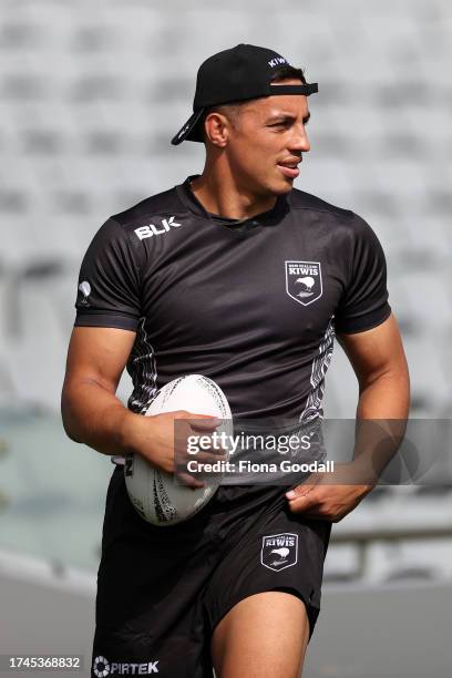 Joseph Tapine warms up during a New Zealand Kiwis league training session at The Trusts Arena on October 16, 2023 in Auckland, New Zealand.