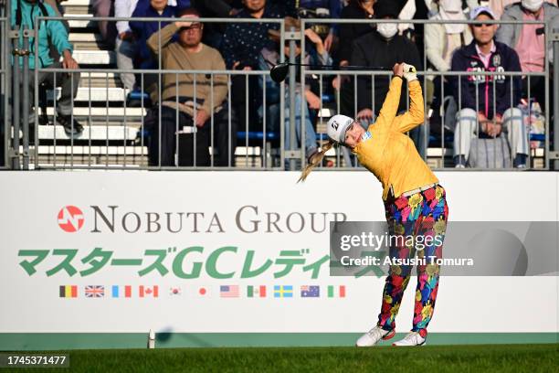 Shiho Kuwaki of Japan hits her tee shot on the 1st hole during the second round of NOBUTA Group Masters GC Ladies at Masters Golf Club on October 20,...