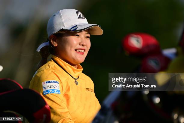Shiho Kuwaki of Japan is seen on the 1st hole during the second round of NOBUTA Group Masters GC Ladies at Masters Golf Club on October 20, 2023 in...