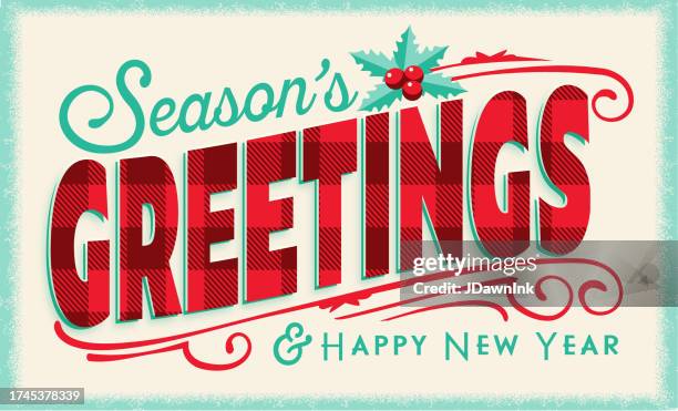 season's greetings on red plaid christmas and holiday greeting card design template - season greetings stock illustrations