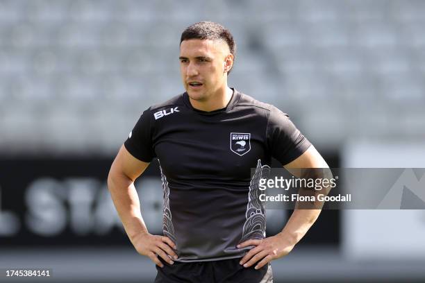 Kalani Going, captain of the New Zealand Kiwis A side warms up during a New Zealand Kiwis training session at Eden Park on October 20, 2023 in...