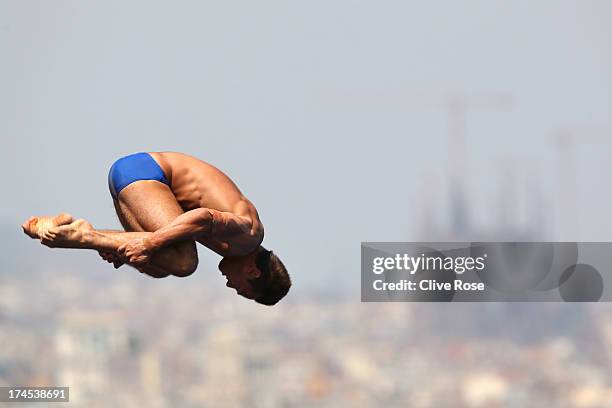 Tom Daley of Great Britain competes in the Men's 10m Platform Diving Semifinal round on day eight of the 15th FINA World Championships at Piscina...