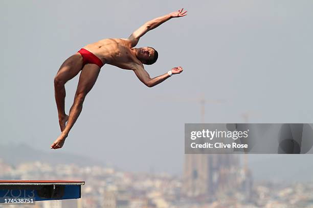 Oleksandr Bondar of Ukraine competes in the Men's 10m Platform Diving Semifinal round on day eight of the 15th FINA World Championships at Piscina...