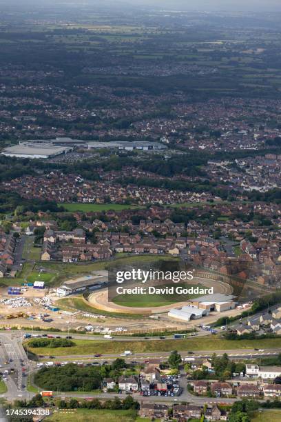 In an aerial view, the Swindon Greyhound track on August 11 in Swindon, United Kingdom.
