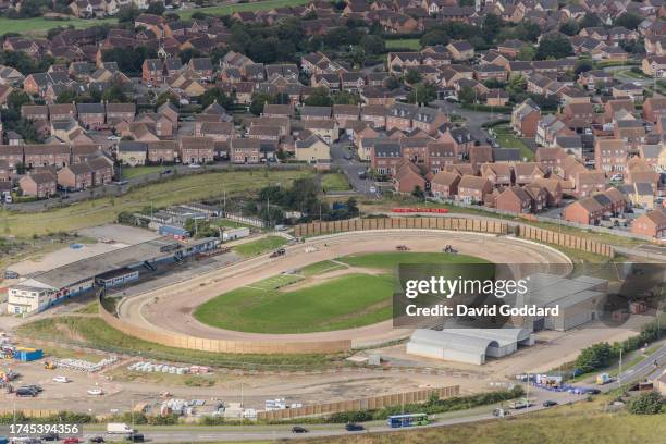 In an aerial view, the Swindon Greyhound track on August 11 in Swindon, United Kingdom.