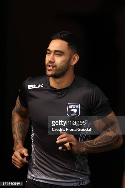 Briton Nikora arrives during a New Zealand Kiwis training session at Eden Park on October 20, 2023 in Auckland, New Zealand.