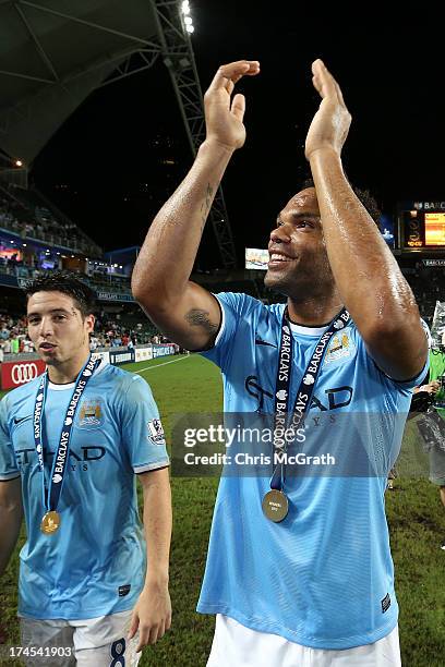 Joleon Lescott of Manchester City celebrates after defeating Sunderland during the Barclays Asia Trophy Final match between Manchester City and...