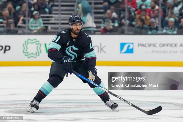 Pierre-Edouard Bellemare of the Seattle Kraken skates during the third period of a game against the Carolina Hurricanes at Climate Pledge Arena on...