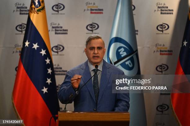 Venezuela's Attorney General, Tarek William Saab, speaks during a press conference at the headquarters of the Public Prosecutor's Office in Caracas...