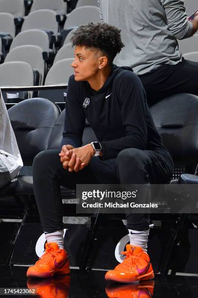 Candice Dupree of the San Antonio Spurs looks on before the game against the Houston Rockets on October 16, 2023 at the Frost Bank Center in San...