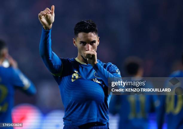 Porto's Canadian midfielder Stephen Eustaquio celebrates scoring his team's second goal during the UEFA Champions League Group H football match...