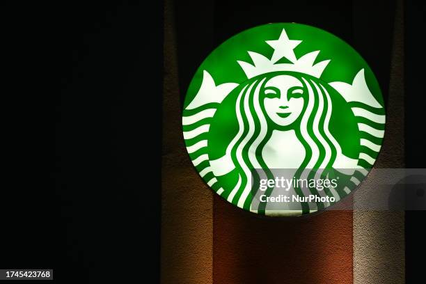 Starbucks Coffee logo, on October 23 in Edmonton, Alberta, Canada.