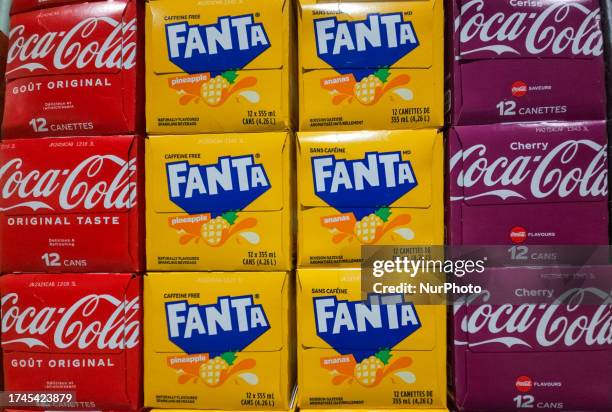 Stacked Coca-Cola and Fanta cartons showcased at a popular chain superstore, , on Octobers 23 in Edmonton, Alberta, Canada.