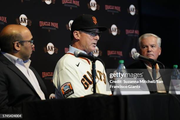 Bob Melvin of the San Francisco Giants speaks during a press conference announcing his being hired as manager at Oracle Park on October 25, 2023 in...