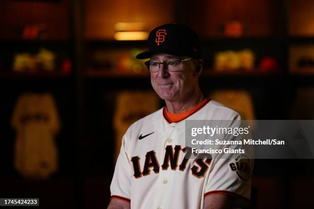 Bob Melvin of the San Francisco Giants gives an interview in the clubhouse after a press conference announcing his being hired as manager at Oracle...