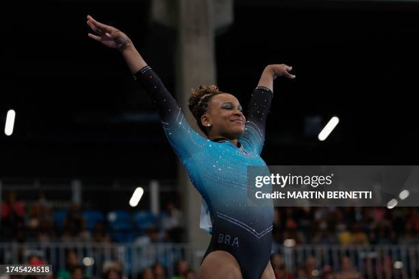 Brazil's Rebeca Andrade performs her routine in the artistic gymnastics women's balance beam final during the Pan American Games Santiago 2023 at the...