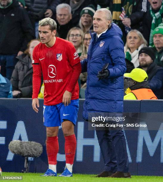 Atletico Madrid's Antoinne Griezmann waits to be allowed back on the pitch during a UEFA Champions League match between Celtic and Atletico de Madrid...