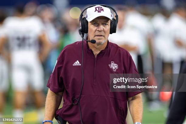 Texas A&M Aggies head coach Jimbo Fisher walks up field during the Southwest Classic college football game between the Texas A&M Aggies and the...