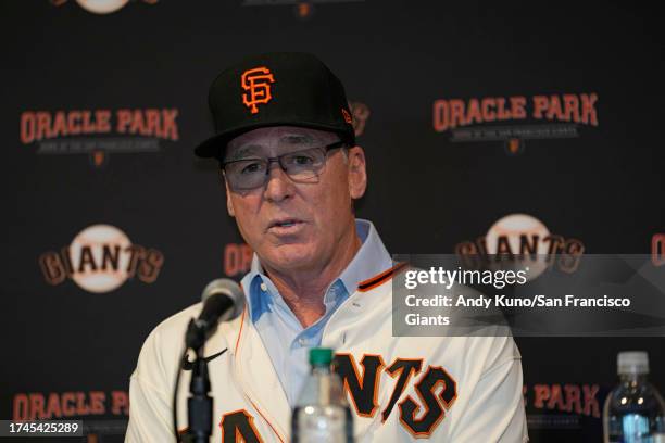 New San Francisco Giants Bob Melvin addresses the media at his introductory press conference at Oracle Park on October 25, 2023 in San Francisco,...