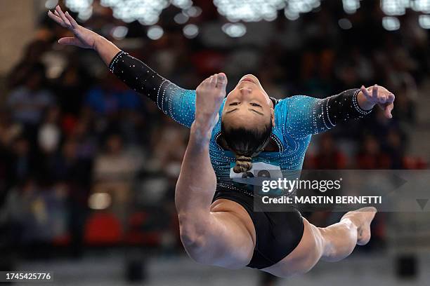 Brazil's Flavia Saraiva performs her routine in the artistic gymnastics women's balance beam final during the Pan American Games Santiago 2023 at the...