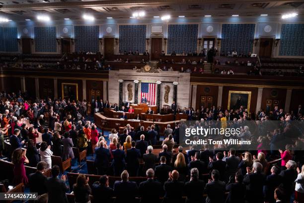 Speaker of the House Mike Johnson, R-La., addresses the House chamber of the the U.S. Capitol after winning the speakership on Wednesday, October 25,...