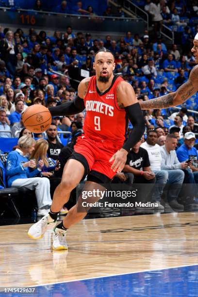 Dillon Brooks of the Houston Rockets drives to the basket during the game against the Orlando Magic on October 25, 2023 at Amway Center in Orlando,...