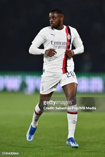Pierre Kalulu of AC Milan in action during the UEFA Champions League match between Paris Saint-Germain and AC Milan at Parc des Princes on October...
