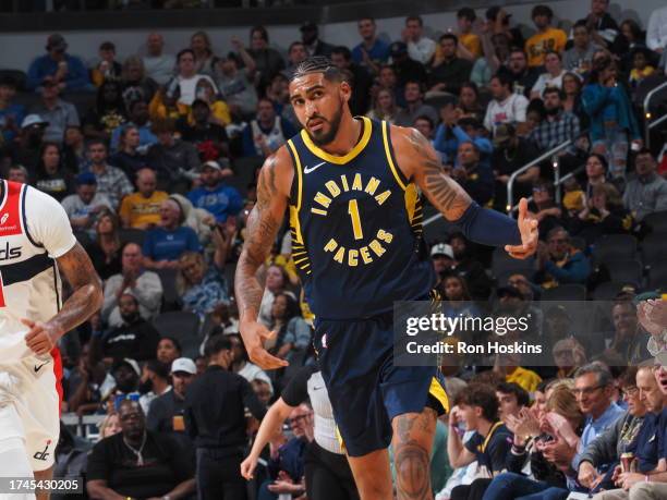 Obi Toppin of the Indiana Pacers celebrates a three point basket during the game against the Washington Wizards on October 25, 2023 at Gainbridge...