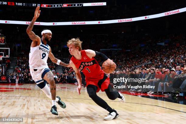 Gradey Dick of the Toronto Raptors drives to the basket during the game against the Minnesota Timberwolves on October 25, 2023 at the Scotiabank...