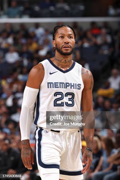 Derrick Rose of the Memphis Grizzlies looks on during the game against the New Orleans Pelicans on October 25, 2023 at FedExForum in Memphis,...