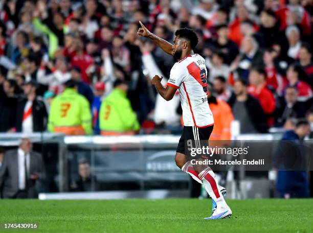 Miguel Borja of River Plate celebrates after scoring the team's first goal during a match between River Plate and Independiente as part of group A of...