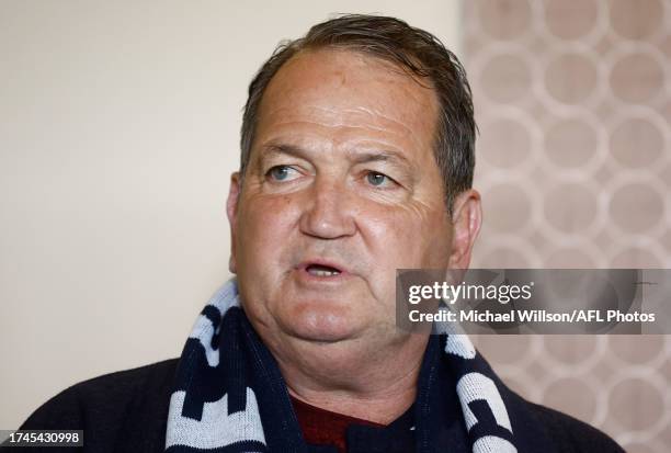 Wayne Johnston speaks with media during the Essendon and Carlton AFLW Media Opportunity at Windy Hill on October 26, 2023 in Melbourne, Australia.