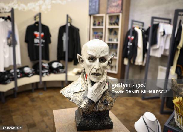 Bust representing vampire is pictured at a souvenir shop of Bran castle on August 30, 2023. The real Vlad never set foot in Romania's Bran Castle --...