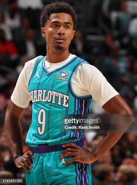 Theo Maledon of the Charlotte Hornets looks on during the game against the Atlanta Hawks on October 25, 2023 at Spectrum Center in Charlotte, North...