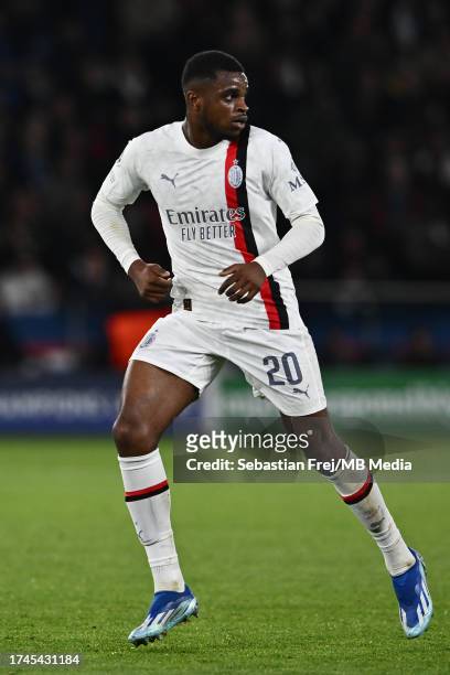 Pierre Kalulu of AC Milan during the UEFA Champions League match between Paris Saint-Germain and AC Milan at Parc des Princes on October 25, 2023 in...